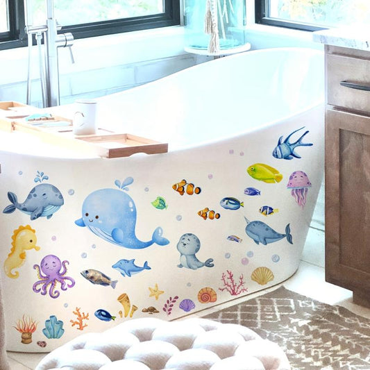 Cartoon Ocean Animal Bathtub Appliques Self-adhesive Wall Decals