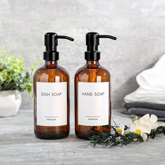 Amber Glass Soap Dispenser Set 500ml for Shampoo
