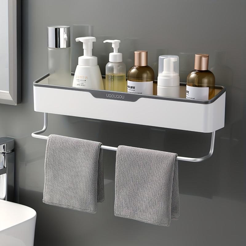 Bathroom Storage Rack with Towel Bar Self Adhesive Wall Mounted Shelf