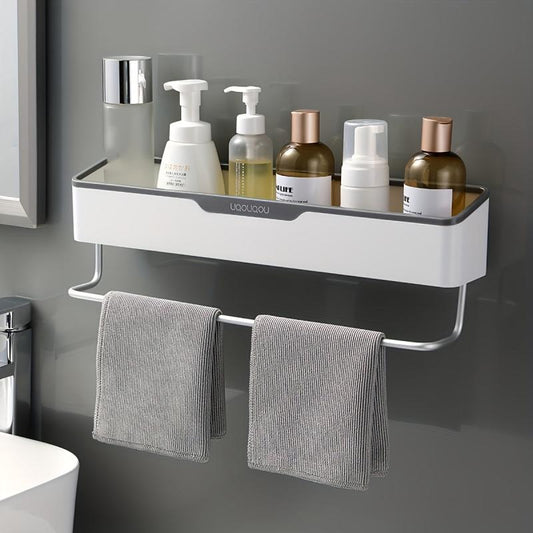 Bathroom Storage Rack with Towel Bar Self Adhesive Wall Mounted Shelf