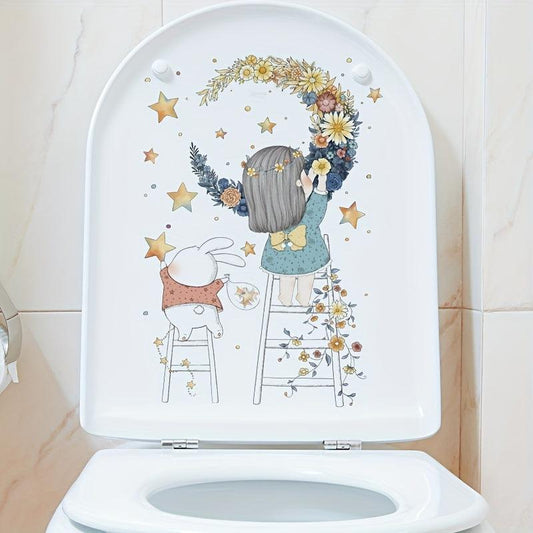 Moon Flower Girl Star Waterproof Toilet Sticker Bathroom Decoration