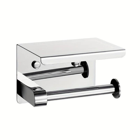 SUS 304 SS Toilet Paper Holder w/ Phone Shelf Bathroom Tissue Hanging Rod
