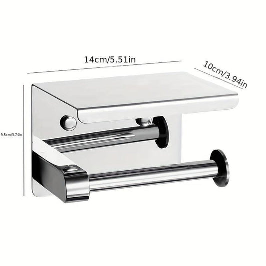 SUS 304 SS Toilet Paper Holder w/ Phone Shelf Bathroom Tissue Hanging Rod