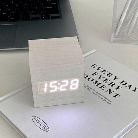 Wooden Digital Alarm Clock Silent Bedside Sound Control Electronic Clock