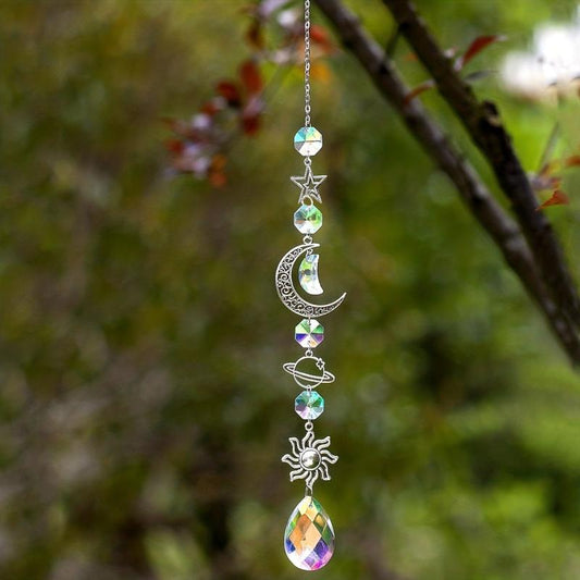 Crystal Sun Catcher Wind Chime Silvery Moon Pendant Home Decor