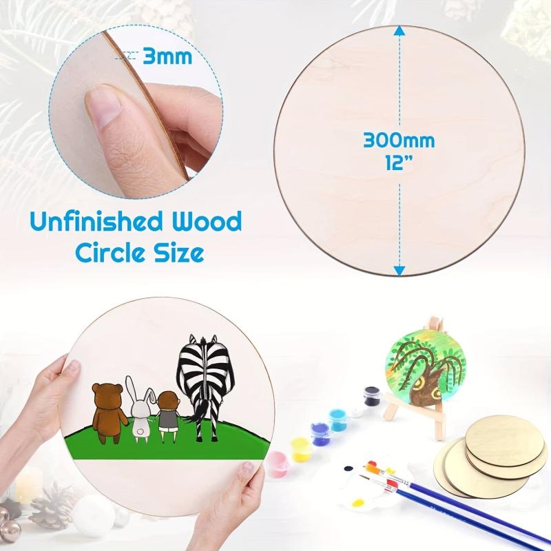 12pcs Unfinished Wood Circles 30-48 cm - Wooden Cutouts for Crafts