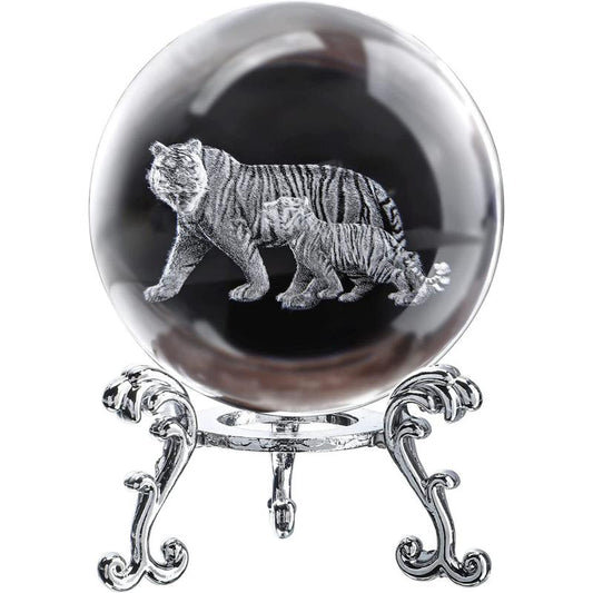 3D Crystal Ball Glass Laser Engraving Mother Son Tigers Ball With Stand