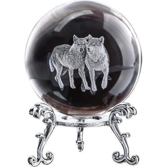 60mm Crystal Ball with Couple Wolves Engraved Glass Sphere