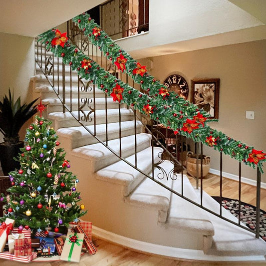 Pre-lit Christmas Garland 274 Green w/ Red Flower LED Lights