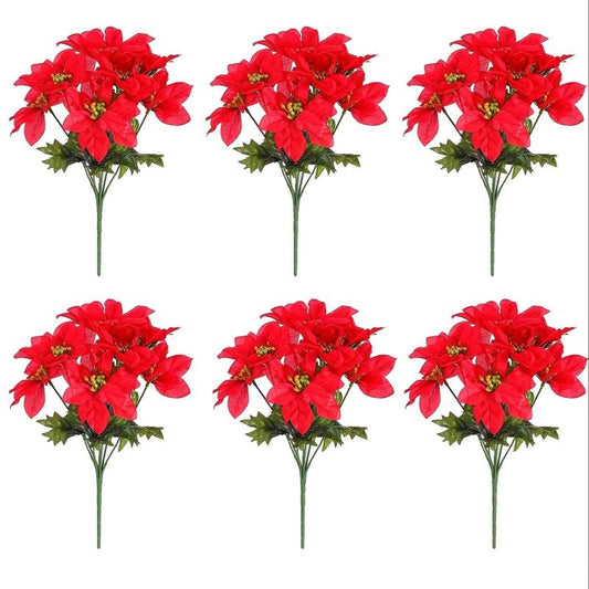 6pcs Christmas Artificial Poinsettia Flowers Faux Silk Poinsettia Bush Bouquets