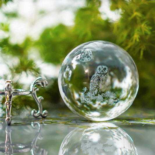 3D Laser Crystal Owl Ball Decorative Glass Sphere with Stand