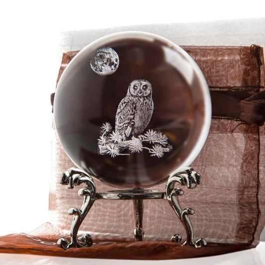 3D Laser Crystal Owl Ball Decorative Glass Sphere with Stand