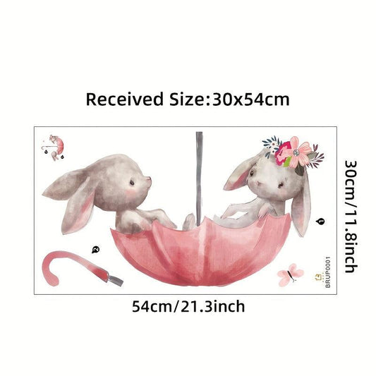 Watercolor Pink Umbrella with Rabbits for Kids Room Decor