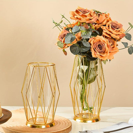Geometric Glass Vase with Metal Bracket Crystal Transparent Inner Vase