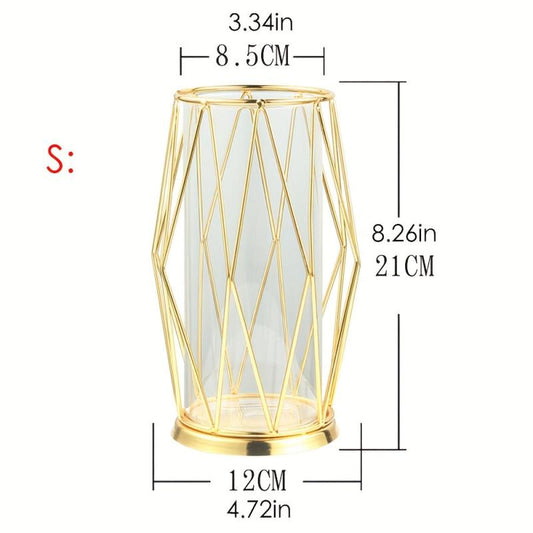 Geometric Glass Vase with Metal Bracket Crystal Transparent Inner Vase