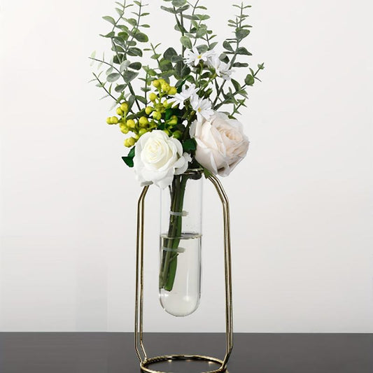 Golden Glass Vase With Metal Frame Hydroponics Vase