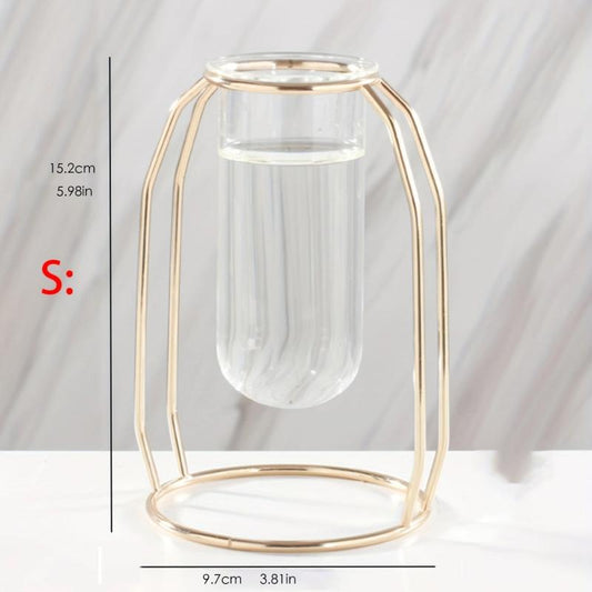 Golden Glass Vase With Metal Frame Hydroponics Vase