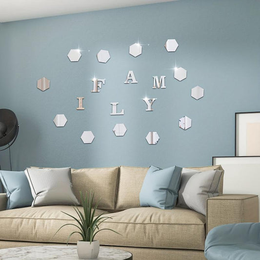 18pcs Hexagonal & FAMILY Letter Mirror Wall Stickers