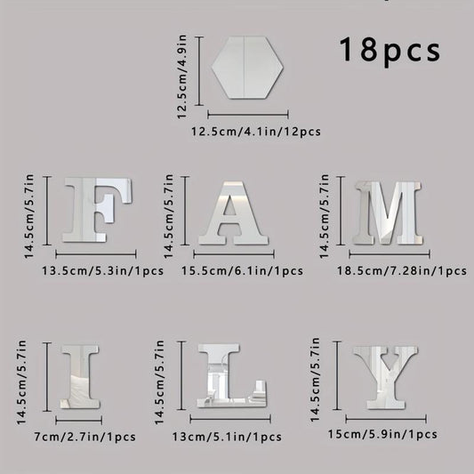 18pcs Hexagonal & FAMILY Letter Mirror Wall Stickers