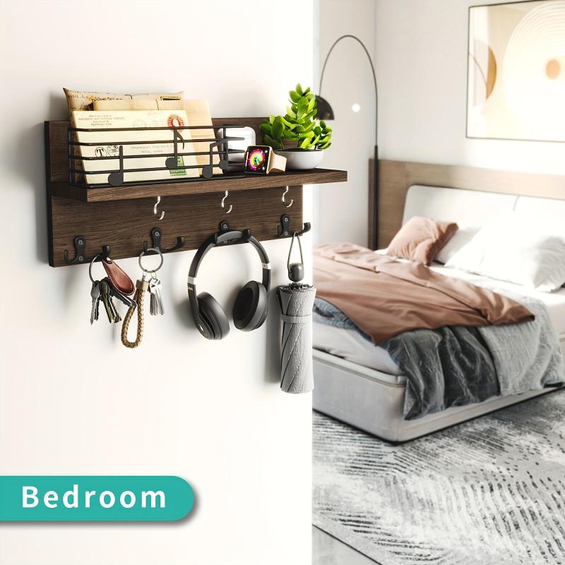 Wooden Wall Mounted Key Holder with Hooks for Storage