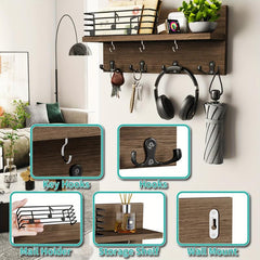 Wooden Wall Mounted Key Holder with Hooks for Storage