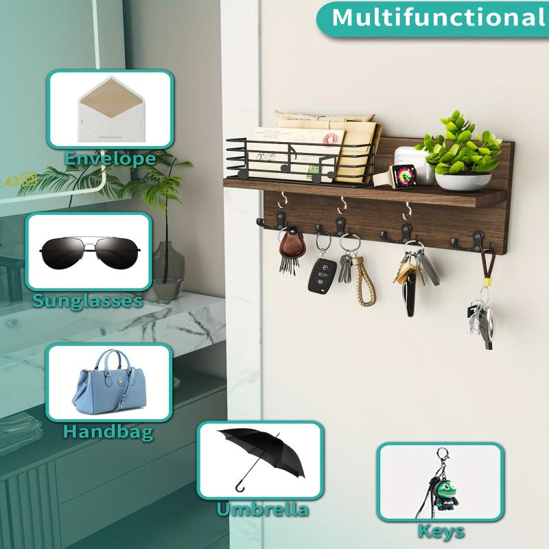Wooden Wall Mounted Key Holder with Hooks for Storage