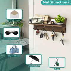 Wooden Wall Mounted Key Holder with Hooks for Storage
