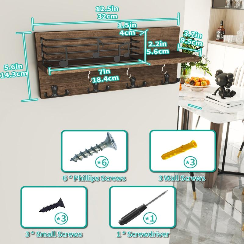 Wooden Wall Mounted Key Holder with Hooks for Storage