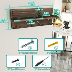 Wooden Wall Mounted Key Holder with Hooks for Storage