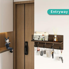Wooden Wall Mounted Key Holder with Hooks for Storage