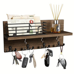 Wooden Wall Mounted Key Holder with Hooks for Storage