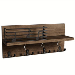 Wooden Wall Mounted Key Holder with Hooks for Storage