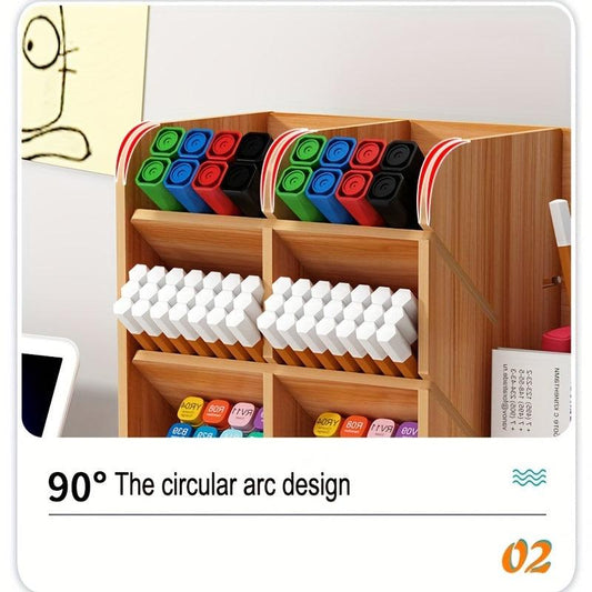 Wooden Desktop Storage Box with Drawer and Pen Holder
