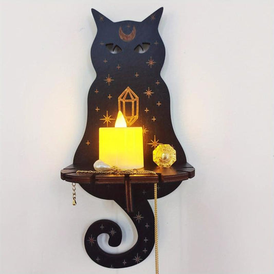 Cat Shaped Crystal Candle Display Rack Wall Mounted Wooden Shelf