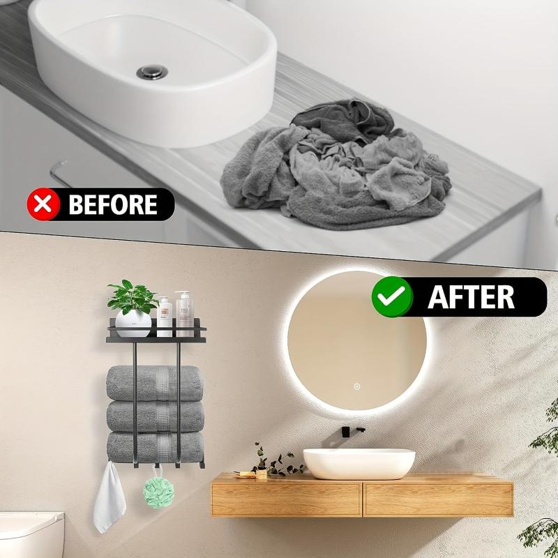 Metal Wall Mounted Bath Towel Rack with Top Shelf