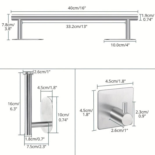 5pcs Self Adhesive Bathroom Set - 16 Inch Towel Bar, Toilet Paper