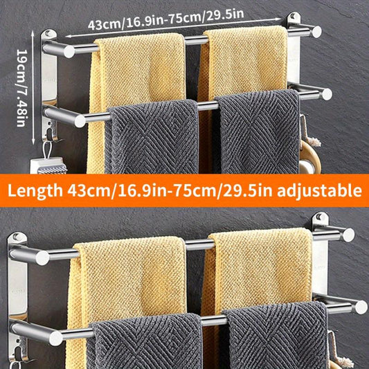 Stainless Steel Towel Bar with Hooks 17-30 Inch Bathroom Rack