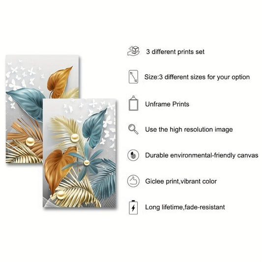 3pcs Golden Leaves Butterfly Abstract Canvas Painting