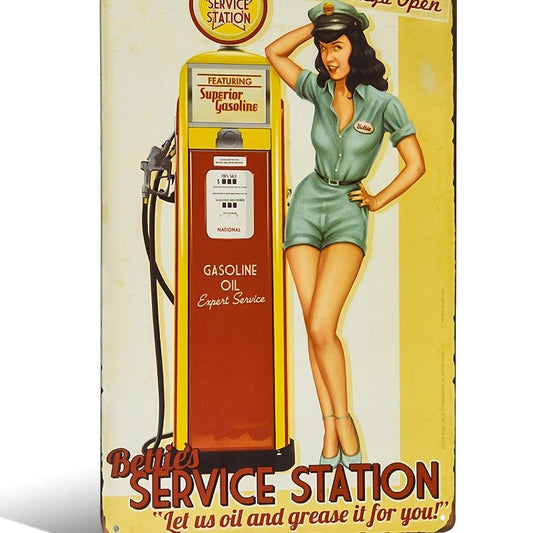 Metal Vintage Tin Sign Bettie Service Station Pin Up Girl Gas Home Decor