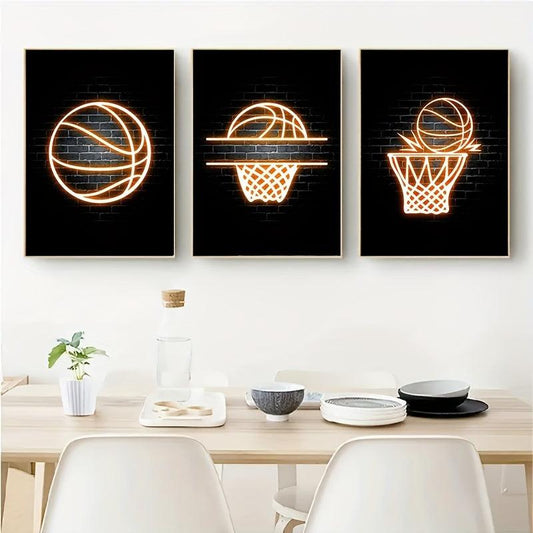 3pcs Basketball Posters And Prints Neon Light Canvas Painting Modern Murals