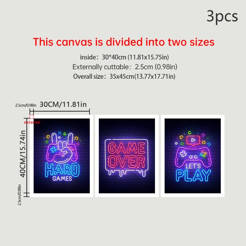 3pcs Abstract Game Controller & English Letter Canvas Prints