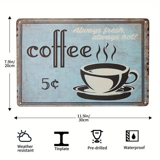 Metal Retro Coffee Bar Tin Sign Open 24 Hours Freshly Brewed Daily 20x30cm