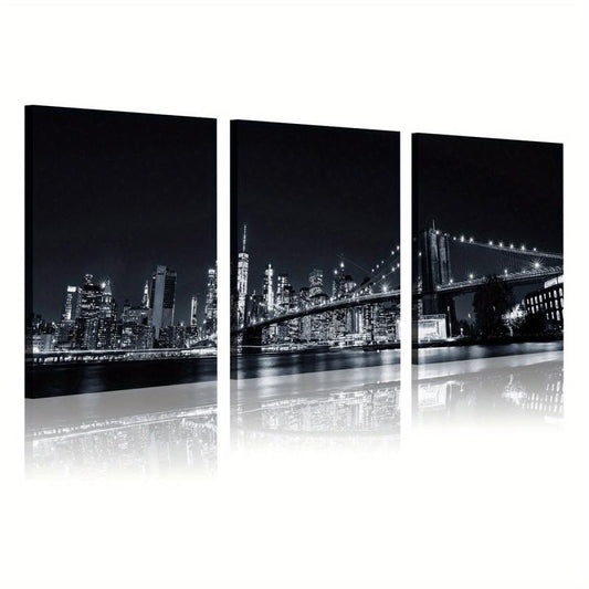 3pcs Modern Style Painting City Night View Framed Artistic Canvas Printing
