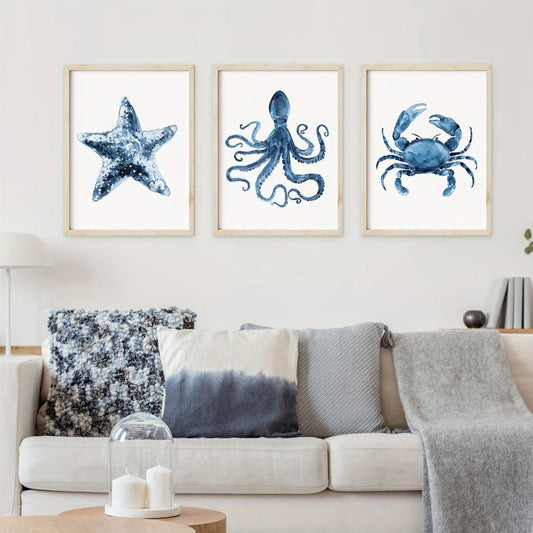 3pcs Watercolor Starfish Octopus Wall Art Nautical Decor For Home Decor