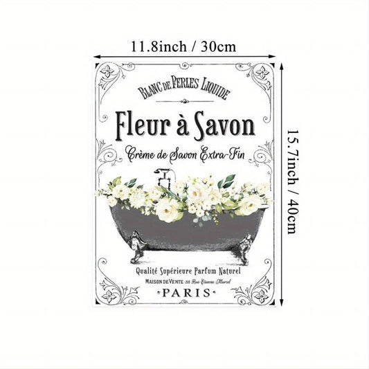 Vintage French Bathroom Sign Rose Art Print for Farmhouse Home Decor