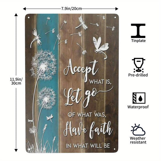 Vintage Dandelion & Dragonfly Metal Sign 8x12 Inches