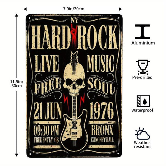 Metal Sign Rock Roll Music Skull Guitar Vintage Wall Decor