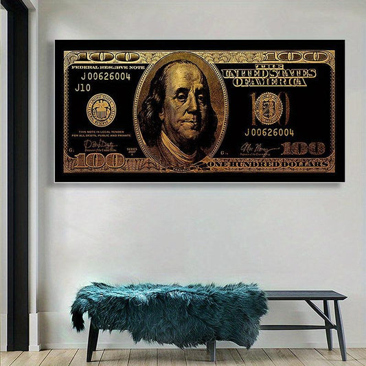 Golden 100 Banknote Canvas Poster for Office and Living Room Decor