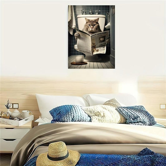 Cat Sitting On The Toilet Reading A Newspaper Funny Bathroom Humor Wall Decor