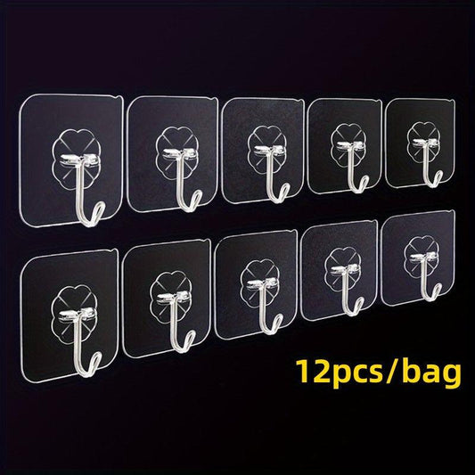 12pcs Adhesive Hooks Utility Transparent Non-slip Traceless Hooks